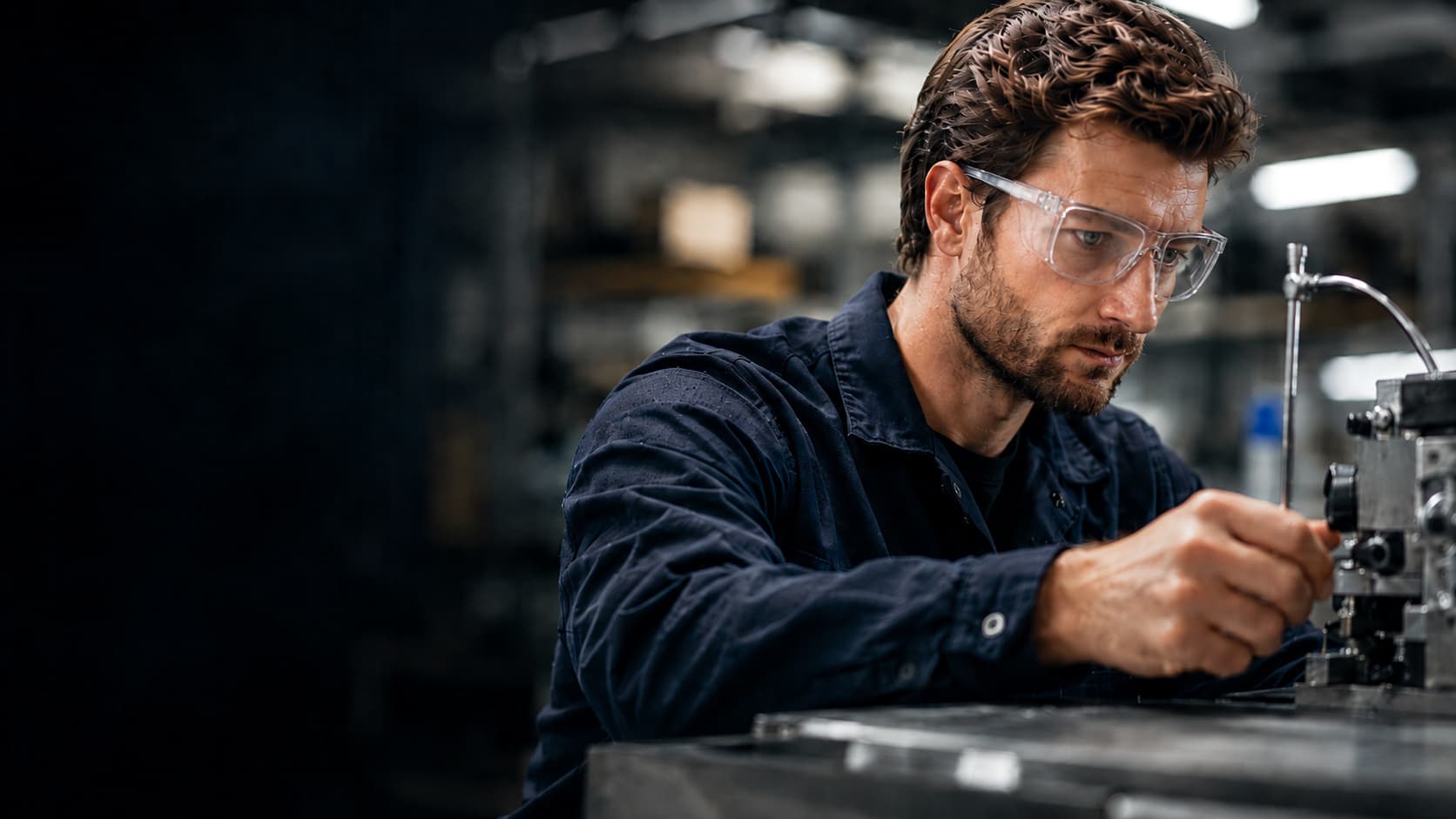 Technician wearing certified prescription safety eyewear in a workshop